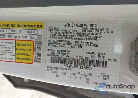 2015 Ford Fusion Se из США, поврежденный, VIN 3FA6P0H98FR170937